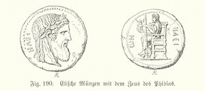 フィディアスのゼウスが描かれた古代ギリシャのエリス島のコイン（エングレービング 作： German School