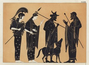 犬と一緒にアテナを含む古代ギリシャの人物