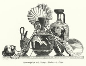 古代ギリシャのトイレタリー容器は、鏡、スクレーパー、扇などとともに（彫刻 作： German School
