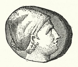 古代ギリシャの詩人サッフォーの頭部が描かれた古代のコイン（エングレービング 作： German School