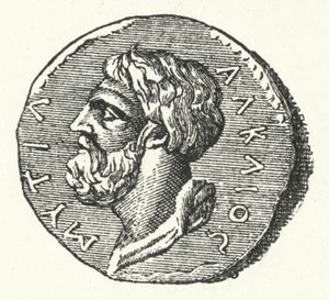 ミティリニのギリシャの詩人アルカエウスの頭を示す古代のコイン 作： German School