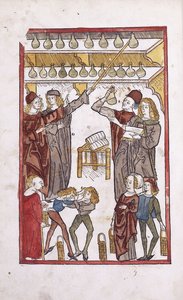 薬剤師と薬、前景で戦う2人の少年、1491年 作： German School