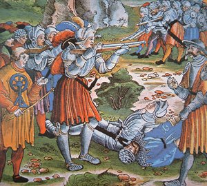 マッチロック式アルケバスを発射する装甲兵 15世紀後半（手彩色木版画 作： German School