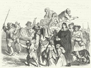 1685年に大選帝侯フレデリック・ウィリアムがポツダム勅令を発布した後、ブランデンブルクにフランスのユグノー系移民が到着したこと（エングレーヴィング 作： German School