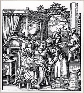 1587年にフランクフルトで出版されたJacob RueffによるDe Conceptu et Generatione Hominisから、出産用椅子で女性に生まれる子供のために星占いをキャストする占星術師 作： German School