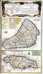 バルバドスとジャマイカ、カリブ海の英国植民地の地図からの詳細、パブ。 Homanns Heirs、ニュルンベルク、1750年頃（101836の詳細） 作： German School