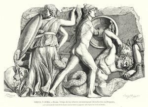 神々とタイタン、巨人との戦い 古代ギリシャのペルガモンのレリーフ（リトグラフ 作： German School