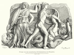神々とタイタン、巨人の戦い 古代ギリシャのペルガモンのレリーフ（彫刻 作： German School