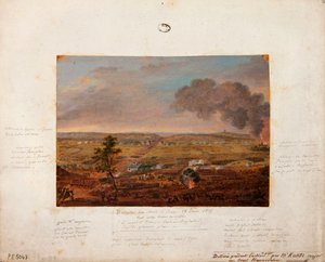 1815年6月18日、ハノーバー派ユニットのクント少佐による作戦中に描かれた絵のようなモンサンジャンの戦い（段ボールに鉛筆とガッシュ）