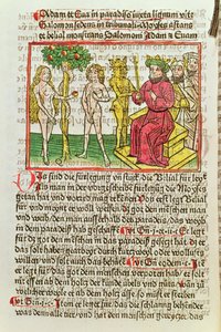ベリアル、アダムとイブをソロモンに贈る、ダスブーフベリアルのドイツ語訳のイラスト、1473年（色の木版画） 作： German School