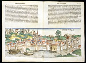 ニュルンベルク年代記からのコンスタンスの鳥瞰図by Hartmann Schedel（1440-1514）1493 作： German School
