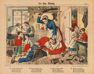 ブルーマンデー-夫を殴る靴屋の妻、ブロードシート、C。ブルクハルト発行、ヴァイセンブルク、1850年頃 作： German School