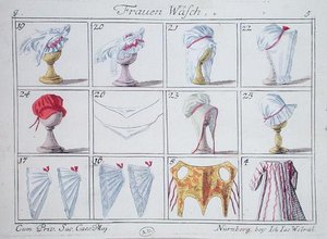 ボンネットとコルセット（女性の服のシリーズより）（紙にペンとインク、水彩 作： German School