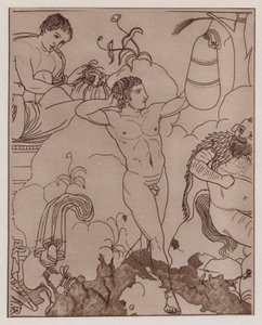 パンチバッグでトレーニングするボクサー、古代ギリシャの壺絵（リトグラフ）