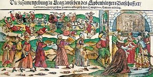 1595年3月にオーストリアのマリア・クリスティーナ大公妃とシーベンビュルゲン（トランシルヴァニア）の王子ジギスムンド・バートリーの大使との代理結婚、および1595年8月のカッルガレニの戦いについての新聞記事とイラスト（c.1 作： German School