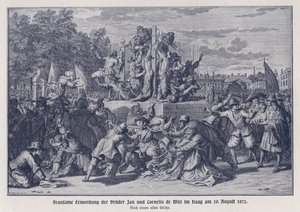 オランダ、ハーグ、1672年8月20日、オランジュ主義者の暴徒によるヤン・デ・ウィットとコルネリス・デ・ウィット兄弟の惨殺事件（リトグラフ） 作： German School