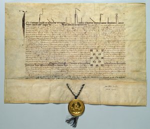 チャールズ4世の雄牛（1316-78）聖ローマ皇帝、1365年1月29日（ゴールドシールの羊皮紙にインク） 作： German School