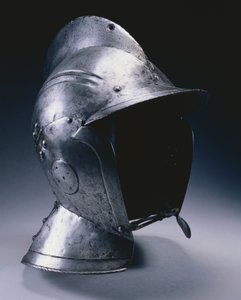 蝶番を付けられた頬の部分が付いているブルゴネット、c.1540（革のあごのストラップが付いている鋼鉄）