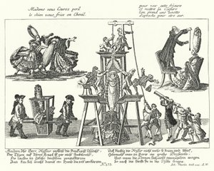 18世紀のファッショナブルな女性たちが身につけていた背の高いかつらを描いた風刺画（エングレーヴィング 作： German School