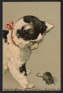 ネズミと戯れる猫（カラーリトグラフ）