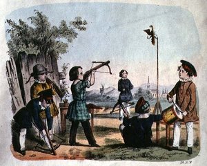 アルケブズで的を射る子供たち 1860年頃（カラーエングレービング） 作： German School