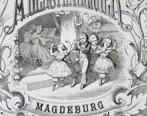 子供のダンス シーン、マクデブルクで出版された子供向けの音楽とダンスのコレクションのタイトル ページの詳細。 ドイツ 作： German School