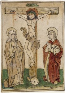 メアリーとセントジョンとの十字架上のキリスト、c.1470-80（羊皮紙に手描きの木版画） 作： German School