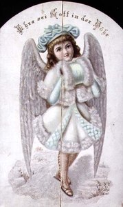 マフを持った天使のクリスマスカード、ドイツ、1880年頃（プリント