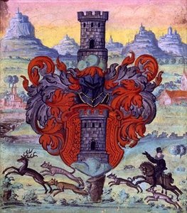 狩猟シーンの中の紋章」 1640年頃 ベラムにグアッシュ