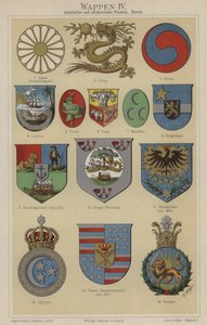 ハワイとアジア・アフリカの国々の紋章（カラーリトグラフ 作： German School