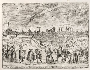 1618 年 11 月の終わりにアウグスブルク上空で見られた彗星、パブ。 1618年。 作： German School