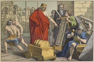 エルサレム神殿の建設、LAncien Testamentのイラスト、Jakob Ferdinand Schreiber、エスリンゲン発行（カラー彫刻） 作： German School
