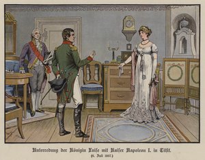 1807年7月6日、ティルジットでのプロイセン王妃ルイーズと皇帝ナポレオン1世との会話（カラーリトグラフ 作： German School