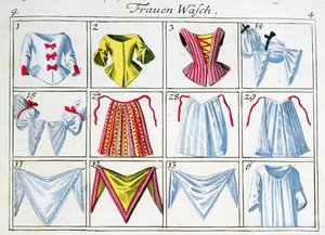 婦人服のシリーズからのコルセットと下着（ペンとインク、紙のトイレ） 作： German School