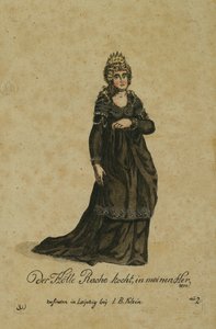 オペラの夜の女王の役割のための衣装デザインヴォルフガングアマデウスモーツァルトによる魔法のフルート、ライプツィヒでIBクラインによって発行、1793年（カラー彫刻） 作： German School