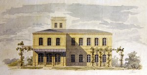 イタリア風クラシック・ヴィラのデザイン、1850年頃（水彩、ペン・インク、紙） 作： German School
