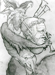 Devil Playing Mans Head as Bagpipes、1144（木版画） 作： German School