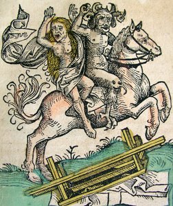 1493年のニュルンベルク年代記に掲載された悪魔と馬に乗った女 作： German School