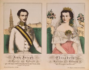オーストリアのフランツジョセフ1世皇帝とエリザベス皇太子の二重肖像、1854年のノイルピナービルダーボーゲン 作： German School