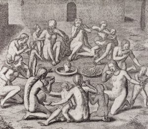 古き歴史家によると、囚人の肉を食べること、ゴットフリードの &39;Historia Antipodum&39;、パブから。 1655年、「川のロマンス」第1巻から。私、WHケーベル作、1914年 作： German School