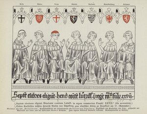 ルクセンブルクのヘンリー7世の神聖ローマ皇帝への選出、フランクフルト、1308年11月27日（カラーリトグラフ 作： German School