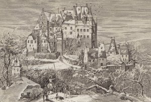 ドイツ・モーゼル河畔の丘陵地帯に建つエルツ城の16世紀末の姿（リトグラフ版 作： German School