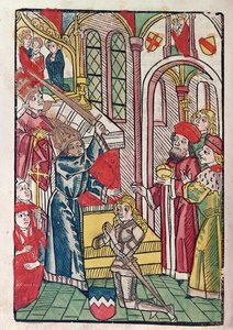 騎士を吹き替えるルクセンブルグの皇帝ジギスムント（1367-1437）（色の木版画） 作： German School