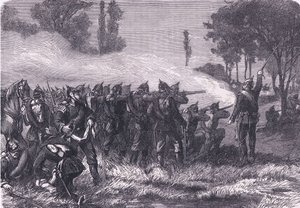 メッツ前の森の中での出会い、Cassells and Company Limited発行のCassells History of the War between France and Germany, c.1890 (litho) 作： German School