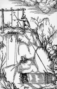 バーゼルで出版されたGeorg PawerまたはGeorgius Agricola（1494-1555）の「De re metallica（金属の性質について）」からの版画。