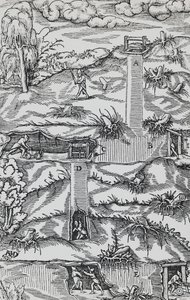 バーゼルで出版されたGeorg PawerまたはGeorgius Agricola（1494-1555）の「De re metallica（金属の性質について）」からの版画。 作： German School