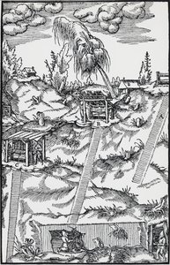 バーゼルで出版されたGeorg PawerまたはGeorgius Agricola（1494-1555）の「De re metallica（金属の性質について）」からの版画。 作： German School