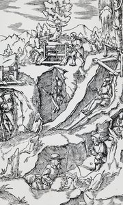 バーゼルで出版されたGeorg PawerまたはGeorgius Agricola（1494-1555）の「De re metallica（金属の性質について）」からの版画。 作： German School