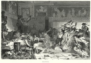 ローマ時代の饗宴における食後のエンターテイメント（リトグラフ 作： German School