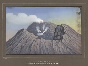メラピ山からの噴火、Pl.III、ジャグを通しての旅の地形と自然のアトラス、ジャンクフーン博士、マクデブルク1845 作： German School